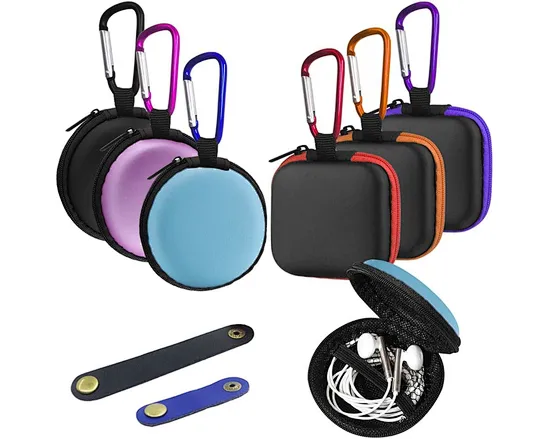 Small Square and Round Portable Earbuds Case Storage Box with Carabiners & 2 Pcs Headphone Cable Clip for Earphone Earbuds Bluetooth U Disk SD Cards